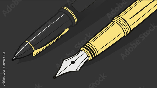 Illustration of a black and gold rollerball pen and a gold fountain pen on a dark background