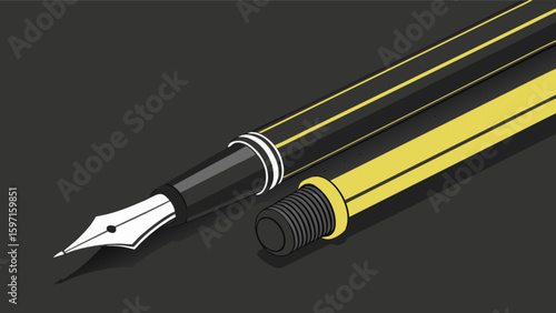 Illustration of a black and yellow fountain pen with the cap off on a dark gray background