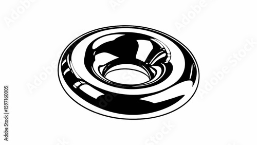 Illustration of a black and white shiny torus shape with a hole in the center design element art