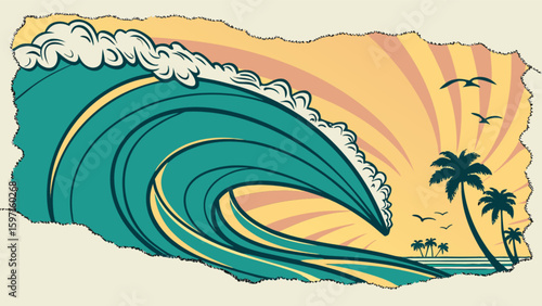 Illustration of a large wave with palm trees and birds on a tropical beach at sunset time scene
