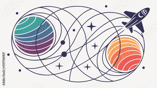 Illustration of a rocket ship flying between two planets surrounded by stars and orbital lines