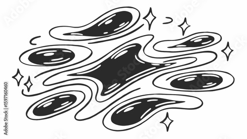 Illustration of abstract black shapes with white outlines and scattered four pointed stars around them