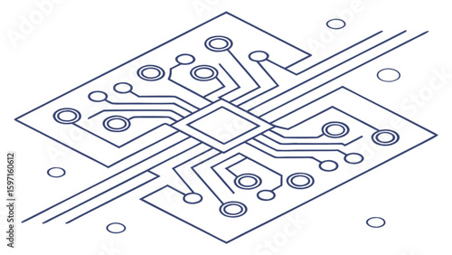Isometric view of a blue circuit board with a central square chip and circular components connected by lines