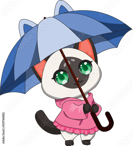 Cat With Raincoat and Umbrella Cartoon Kitty Vector
