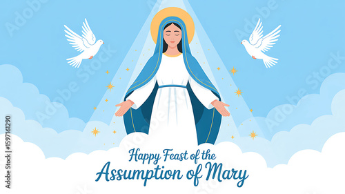 Virgin Mary in blue robe with halo and doves Assumption of Mary