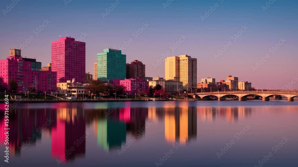 Vibrant city skyline reflected in calm water at dawn Vibrant city skyline reflected in calm water at dawn