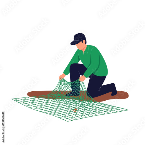 Person Tending to Fishing Net on Ground Preparing for Fishing