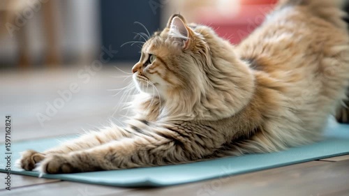 Playful Cat Stretching on Yoga Mat in Cozy Home Environment