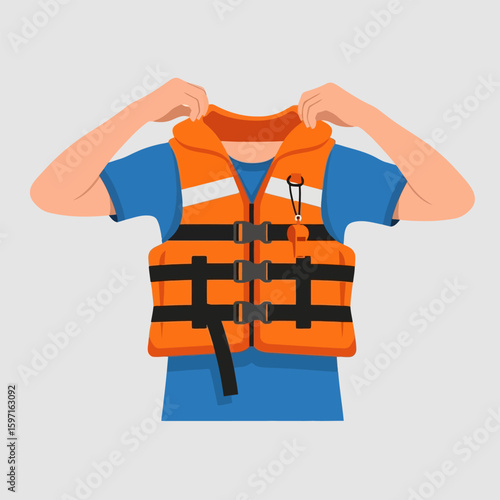 Person Putting on Orange Life Vest for Water Safety Concept
