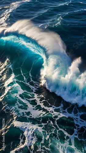 Blue ocean waves powerfully crash on the coast, a dynamic display of nature's energy, motion, and white foam