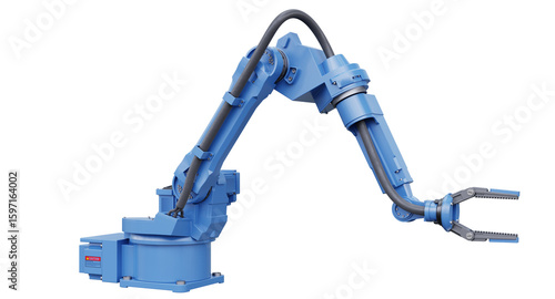 Foto Blue robotic arm with gripper standing on transparent background- 3D rendering