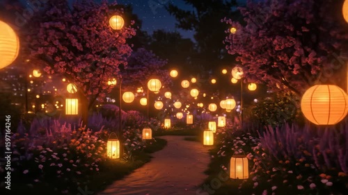 Wallpaper Mural Enchanting Lantern Lit Path Through a Blossom Garden at Night - A whimsical nighttime scene features a winding path illuminated by numerous warm-toned lanterns hanging from trees and lining the Torontodigital.ca