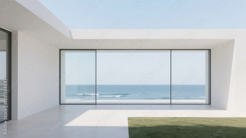 Fototapeta premium Modern minimalist interior with large glass windows overlooking the ocean