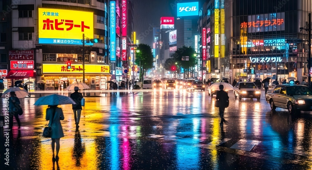 Obraz premium Vibrant cityscape at night with neon lights reflecting on wet streets, people walking, and cars driving by, creating a lively atmosphere. AI Generated