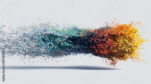 Abstract visualization of pixels sorting and transforming, representing data organization, classification, and big data.