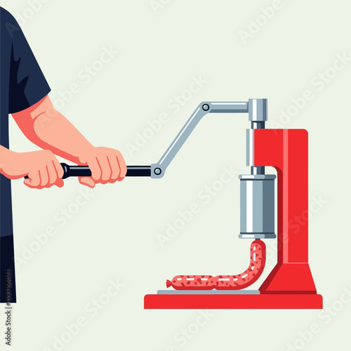 Preparing Sausage Homemade Process Using Press Machine with Operator Hands