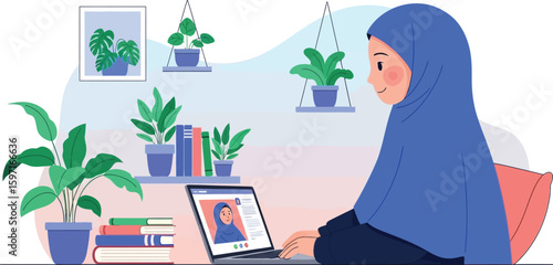 Muslim woman in hijab using laptop for online meeting at home with plants decor
