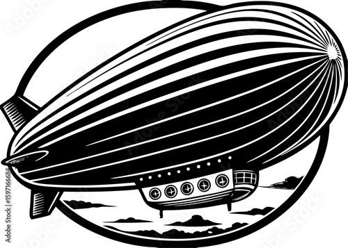 Vintage Airship Illustration - Black and White Blimp Design