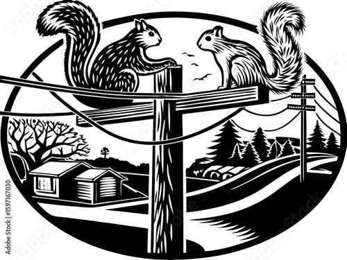 Rural Squirrels on Pole Illustration for Nature and Country Life