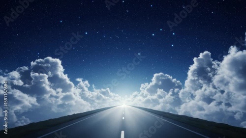 Infinite journey: road to the heavens under a starry night sky with serene clouds, evoking dreams,
