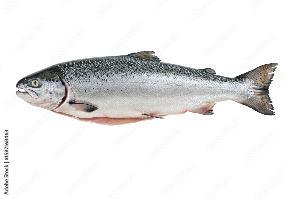 Naklejka premium Fresh salmon fish on a white background, showcasing its vibrant colors and natural shape, ideal for culinary use