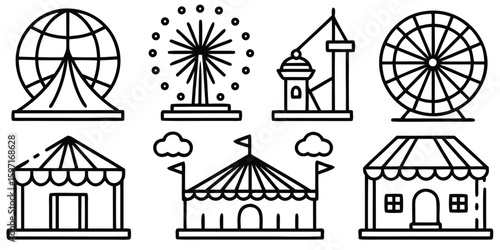Collection of amusement park attractions and tents in a simple line art silhouette