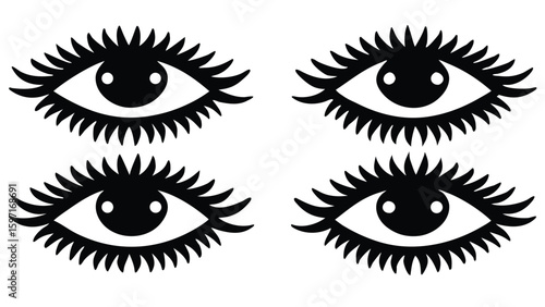 Four stylized black eye silhouettes with long lashes and open pupils