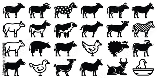 Collection of farm animal silhouettes standing and posed against white background