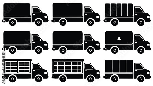 Collection of nine distinct black truck silhouettes in a grid layout silhouette