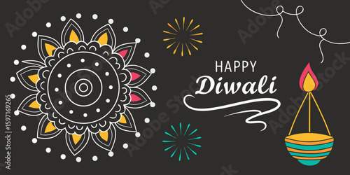 Web Graphic Design for Diwali Wishes – Vector Style with dark black  background.
