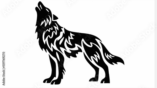 Silhouette of a howling wolf with tribal pattern standing on four legs facing left with head raised up high