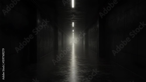 Mysterious illuminated pathway in dark industrial interior, perfect for suspenseful cinematic