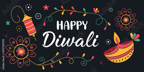 Web Graphic Design for Diwali Wishes – Vector Style with dark black  background.