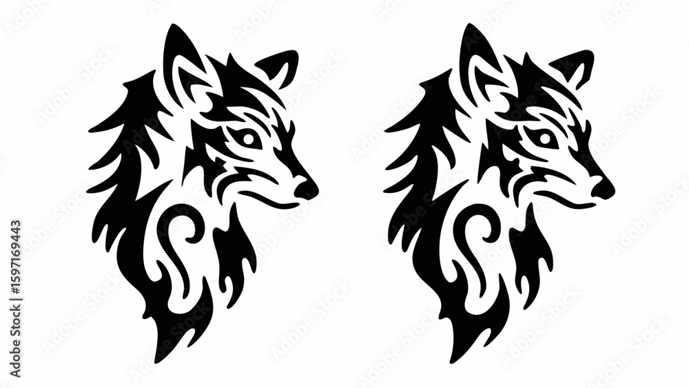 Obraz premium Two stylized black wolf heads with intricate tribal designs facing right on a white background design art silhouette