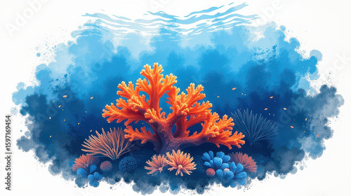 Vibrant coral reef underwater scene ocean digital art marine environment wide angle conservation awareness
