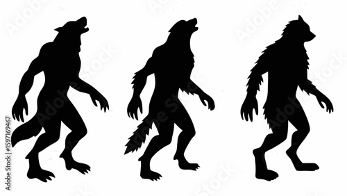 Three werewolf silhouettes howling and walking on two legs in a black and white illustration style
