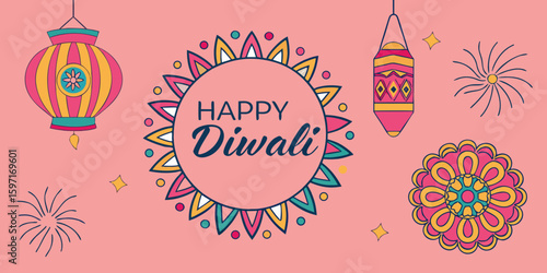 Web Graphic Design for Diwali Wishes – Vector Style with pink   background.