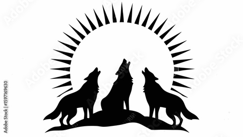 Silhouette of three wolves howling at the moon with radiating light beams in black and white drawing