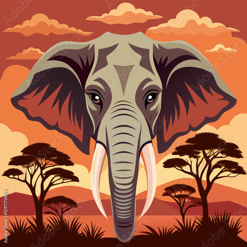 Stylized elephant head with savannah landscape and clouds in warm earth tones