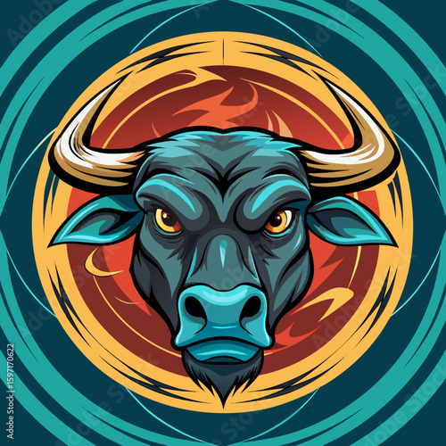 Illustration of a stylized bull head with imposing horns and a determined expression