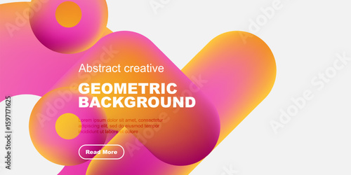 Abstract shapes, vibrant colors, geometric design. Modern presentation with text overlay, button included. Black background contrasts bright elements.
