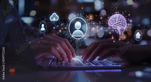 Hands typing on laptop with technology overlays