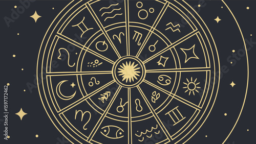 Golden zodiac wheel with astrological symbols and stars on a dark background illustration design