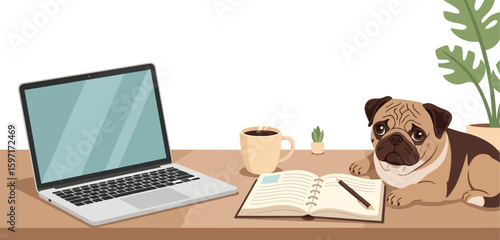 Pug working from home office with laptop and coffee cute dog vector image