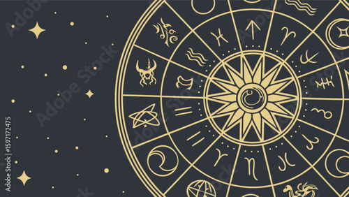 Illustration of a golden zodiac wheel with astrological signs on a dark starry background design element