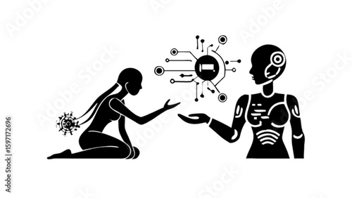 Silhouette of kneeling woman offering a tech symbol to a robot with futuristic enhancements