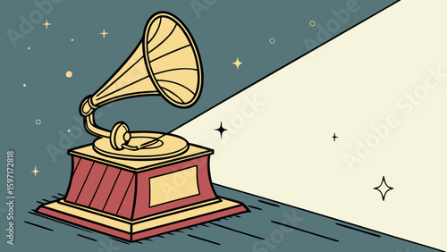 Illustration of a vintage gramophone with a spotlight and starry background for music lovers