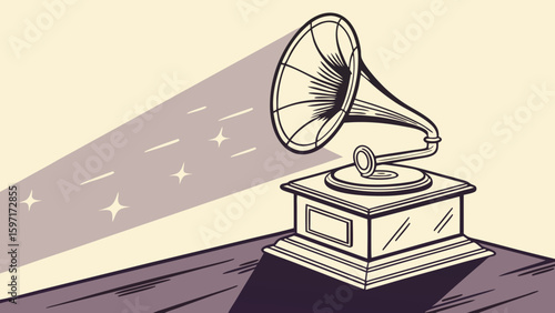Illustration of a vintage gramophone with a horn speaker and a long shadow with star shapes