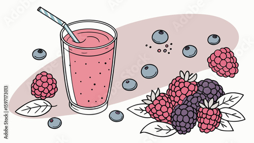 Illustration of a pink smoothie in a glass with a straw and mixed berries around it on a light background