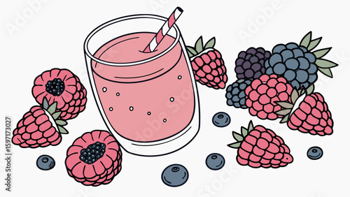 Illustration of a berry smoothie in a glass with a straw surrounded by fresh raspberries and blueberries